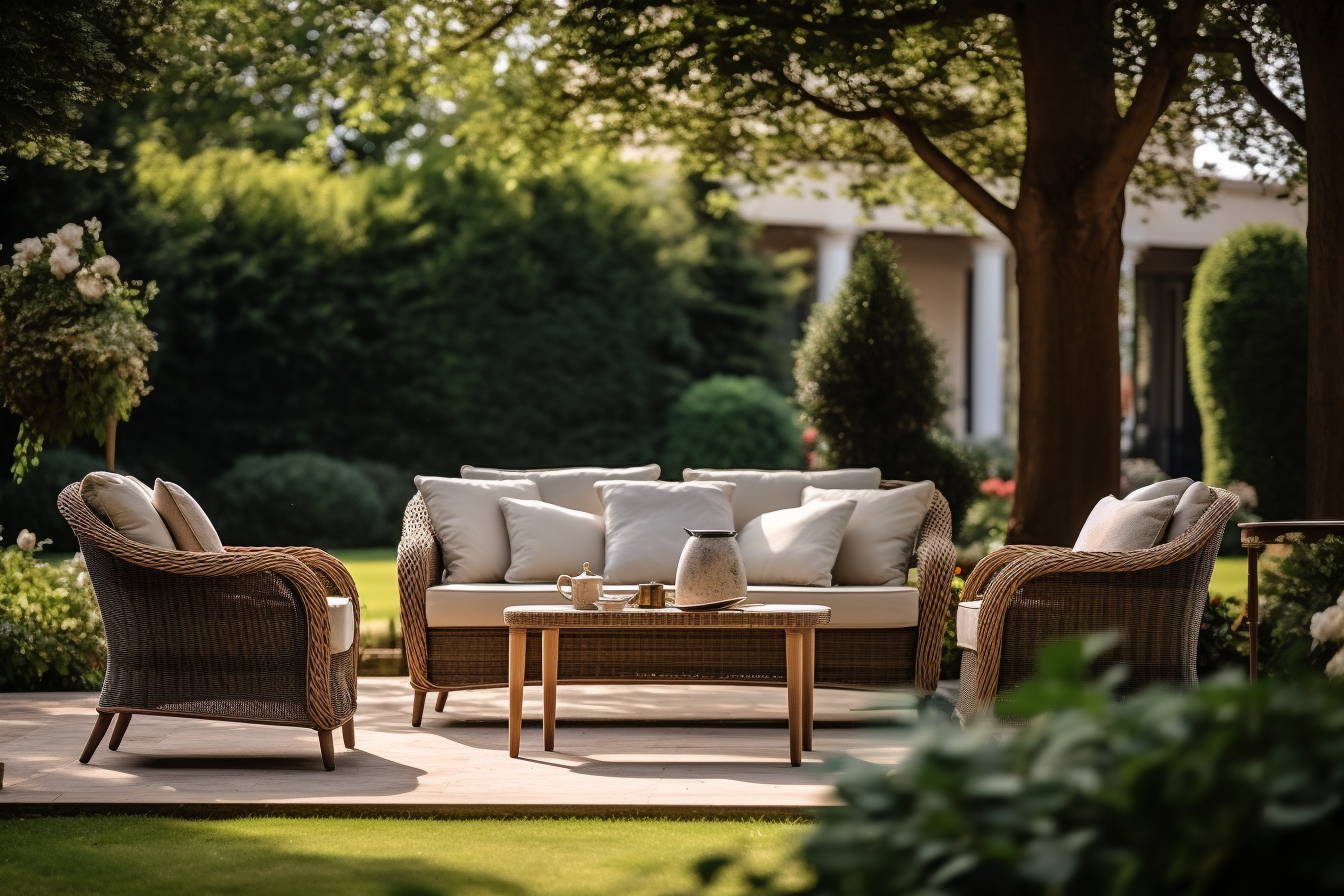 Luxurious outdoor furniture arrangement with plush seating options and stylish tables set in a beautiful garden, shot in 8k with Leica M6 TTL, Leica 75mm 2.0 Summicron-M ASPH, Cinestill 800T.