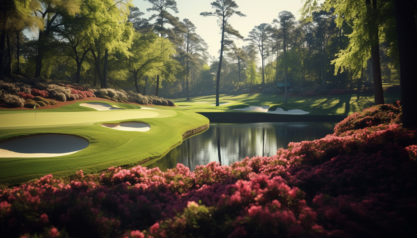 A stunning image of Augusta National Golf Club, showcasing the well-formed fairways and intricate flora, shot with Leica M6 TTL, Leica 75mm 2.0 Summicron-M ASPH, Cinestill 800T.