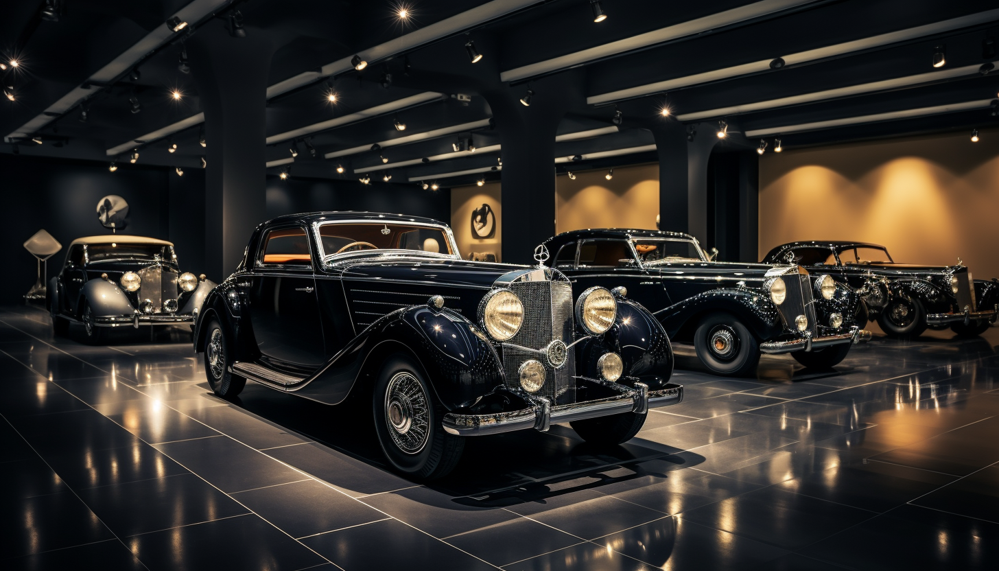 A selection of the latest luxury cars, displayed prominently with a spotlight in a high-end showroom, 8k photography, shot with Leica M6 TTL & Leica 75mm 2.0 Summicron-M ASPH, Cinestill 800T