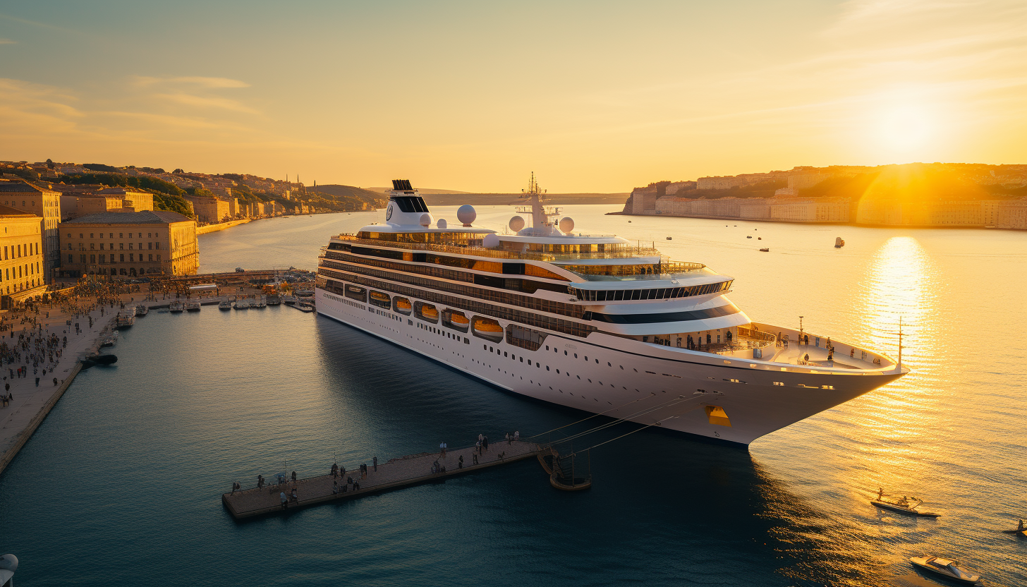 "A grand luxury cruise liner docked in a vibrant port destination, with a stunning sunset in the backdrop, providing a breathtaking view and enticing excitement for the journey ahead, intricately crafted, 8k quality, shot with Leica M6 TTL, Leica 75mm 2.0 Summicron-M ASPH, Cinestill 800T"