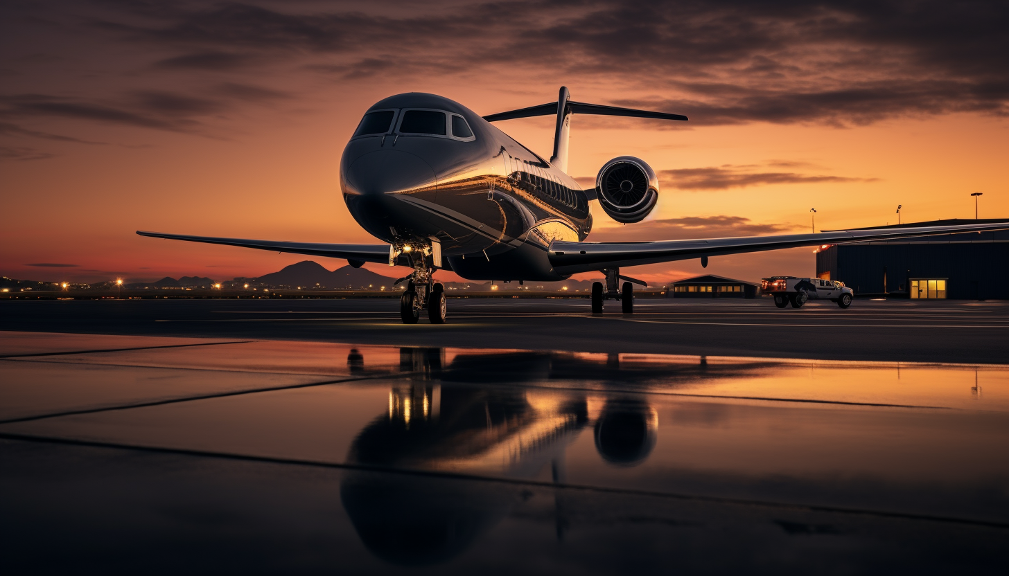 A private jet parked on the runway, dawn light streaming over its sleek body, intricately crafted, 8k quality, shot with Leica M6 TTL, Leica 75mm 2.0 Summicron-M ASPH, Cinestill 800T