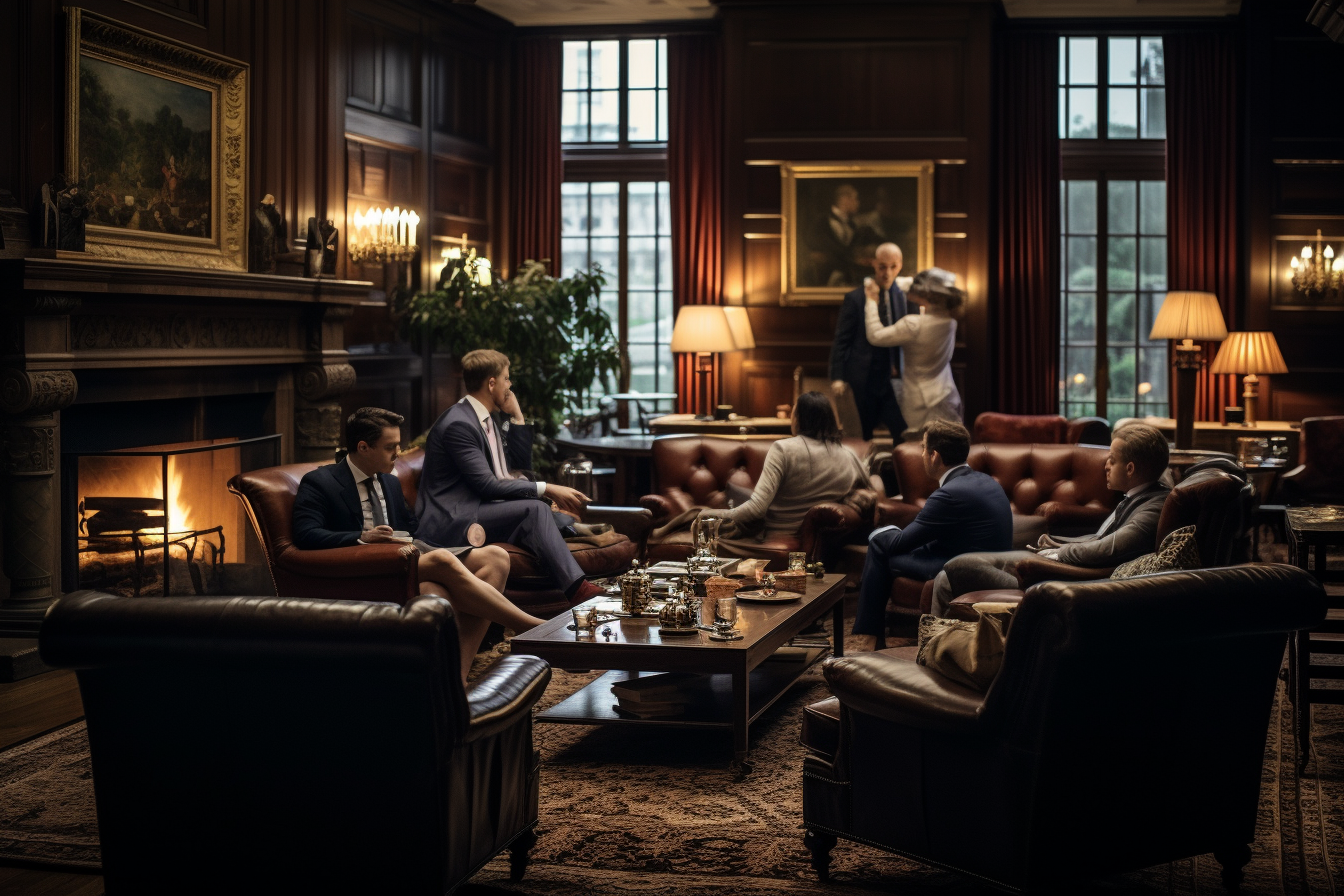 Luxurious lounge of a private club, featuring leather armchairs, a roaring fireplace, and members enjoying cigars and drinks, seen from afar, 8k quality, shot with Leica M6 TTL and Leica 75mm 2.0 Summicron-M ASPH, Cinestill 800T