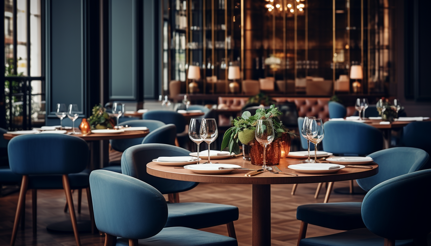 Elegant restaurant interior, a combination of classic and modern design, with neatly arranged tables and soft lighting, taken with a shot with Leica M6 TTL and rendered in 8K