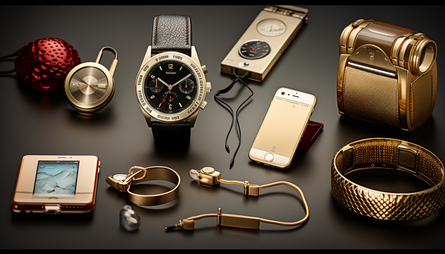 A collage of luxury tech gadgets includes a gold-plated mobile phone, jewel-encrusted earbuds, a swish wrist watch with binary time display. All devices are of 8k quality, shot with Leica M6 TTL, Leica 75mm 2.0 Summicron-M ASPH, Cinestill 800T