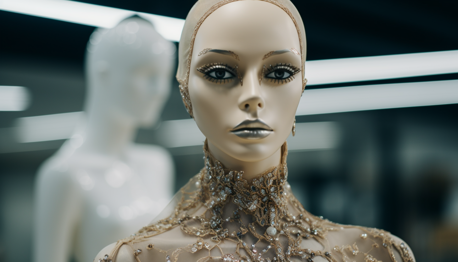 Close-up shot of a mannequin displaying an haute couture dress, intricately crafted, 8k quality, shot with Leica M6 TTL, Leica 75mm 2.0 Summicron-M ASPH, Cinestill 800T