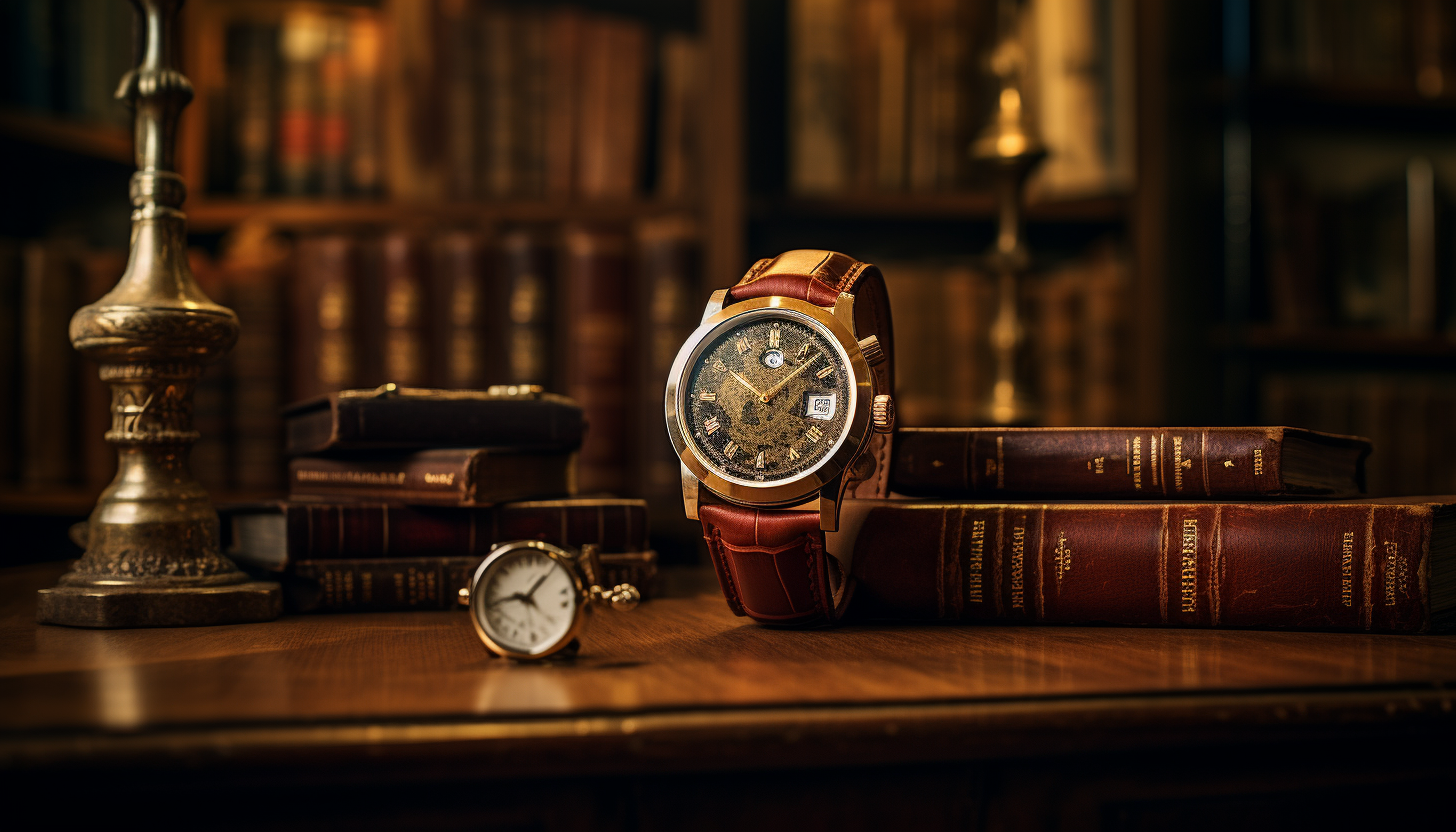 A vintage leather armchair, an intricately crafted luxury watch on a timeless wooden table, a world map unfurled behind in a collector's study room, shot with Leica M6 TTL, Leica 75mm 2.0 Summicron-M ASPH, Cinestill 800T