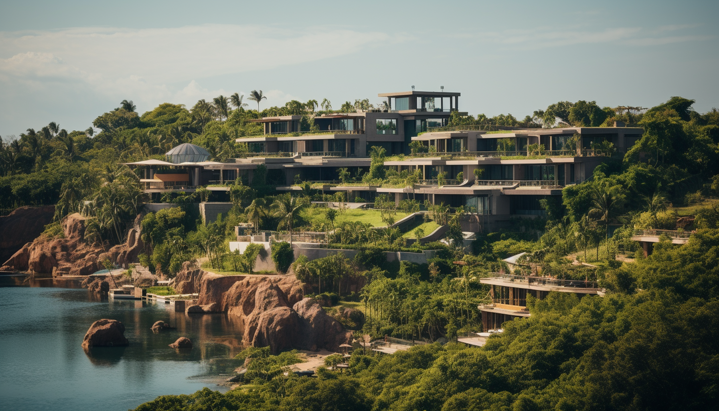 Shot of a luxury resort seen from a distance, intricately crafted, in 8K quality, shot with Leica M6 TTL, Leica 75mm 2.0 Summicron-M ASPH, Cinestill 800T