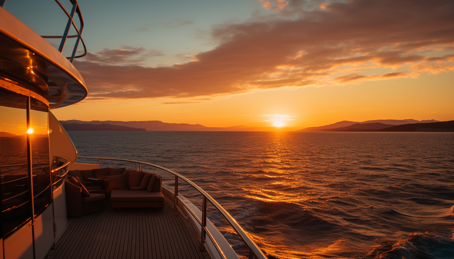 Sunset view from a luxury private yacht, enhancing the horizon with 8k quality, shot with Leica M6 TTL, Leica 75mm 2.0 Summicron-M ASPH, Cinestill 800T