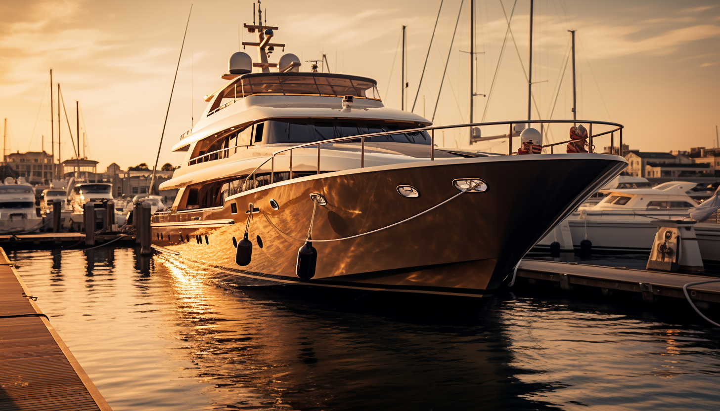 A luxurious yacht docked in a marina, intricately crafted, 8k quality, shot with Leica M6 TTL, Leica 75mm 2.0 Summicron-M ASPH, Cinestill 800T